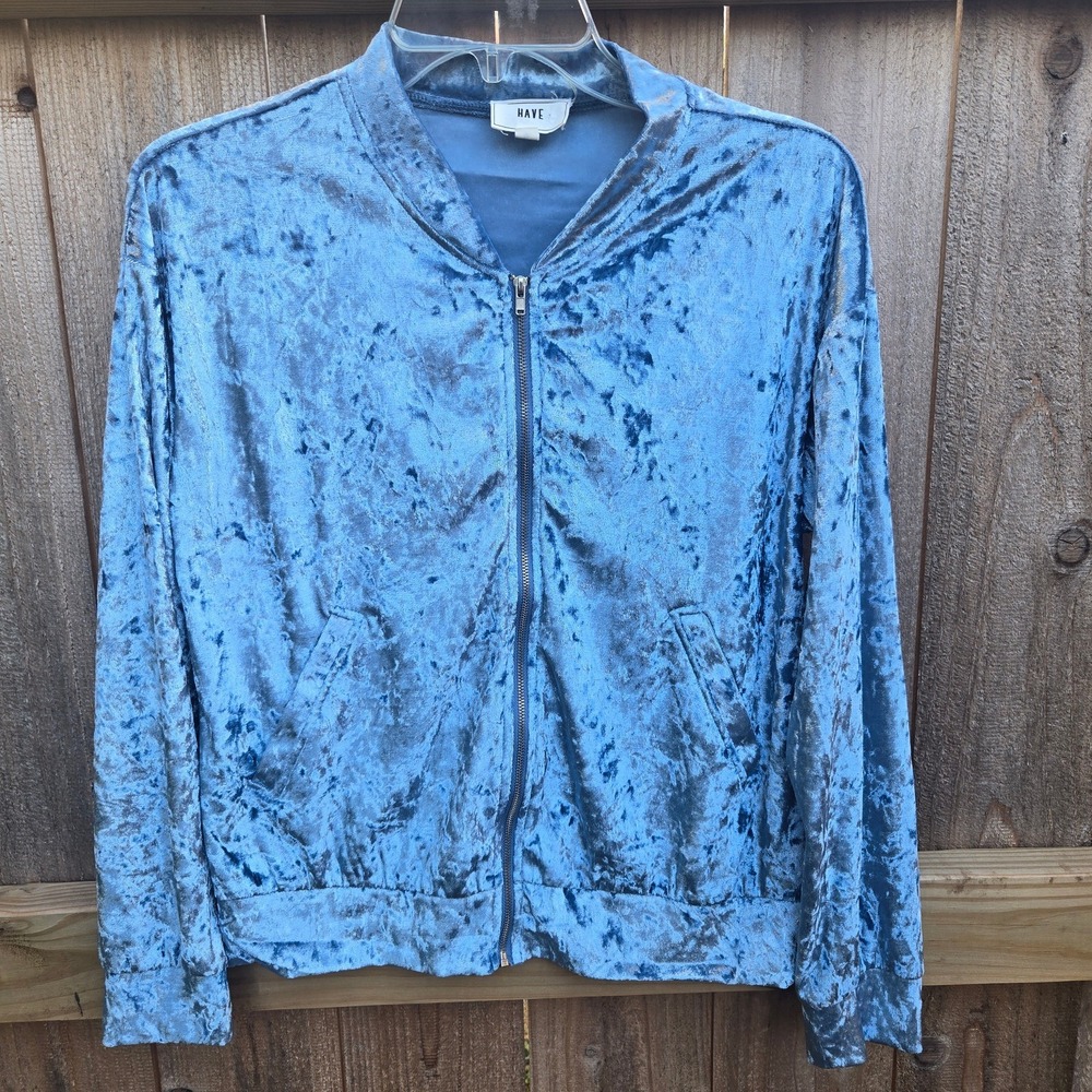 HAVE Womens Blue Crushed Velvet Zip Up Bomber Jacket Size M 930213-VT016